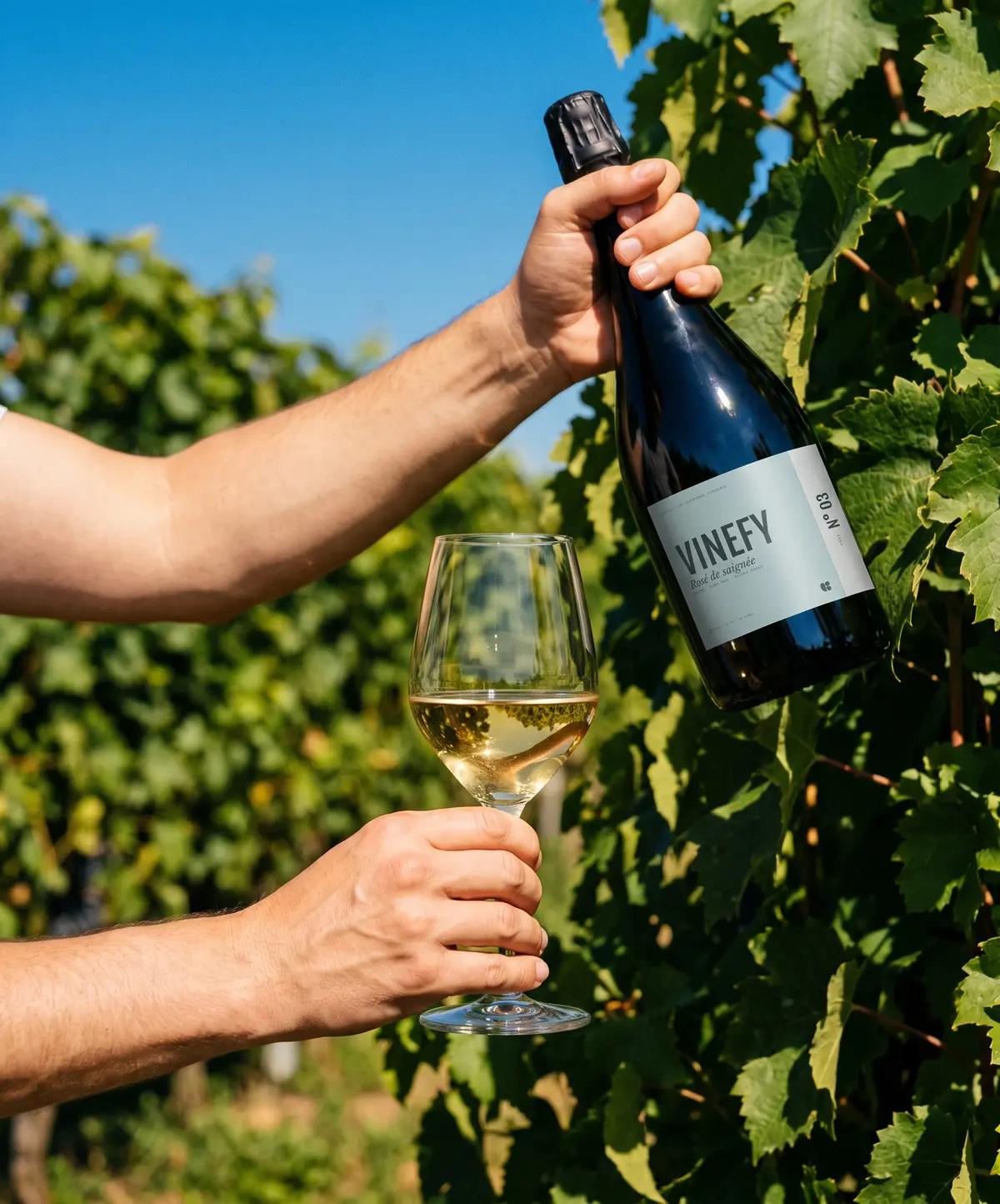 In the vines, one hand holds a bottle of Champagne Vinefy Rosé de saignée, the other a glass