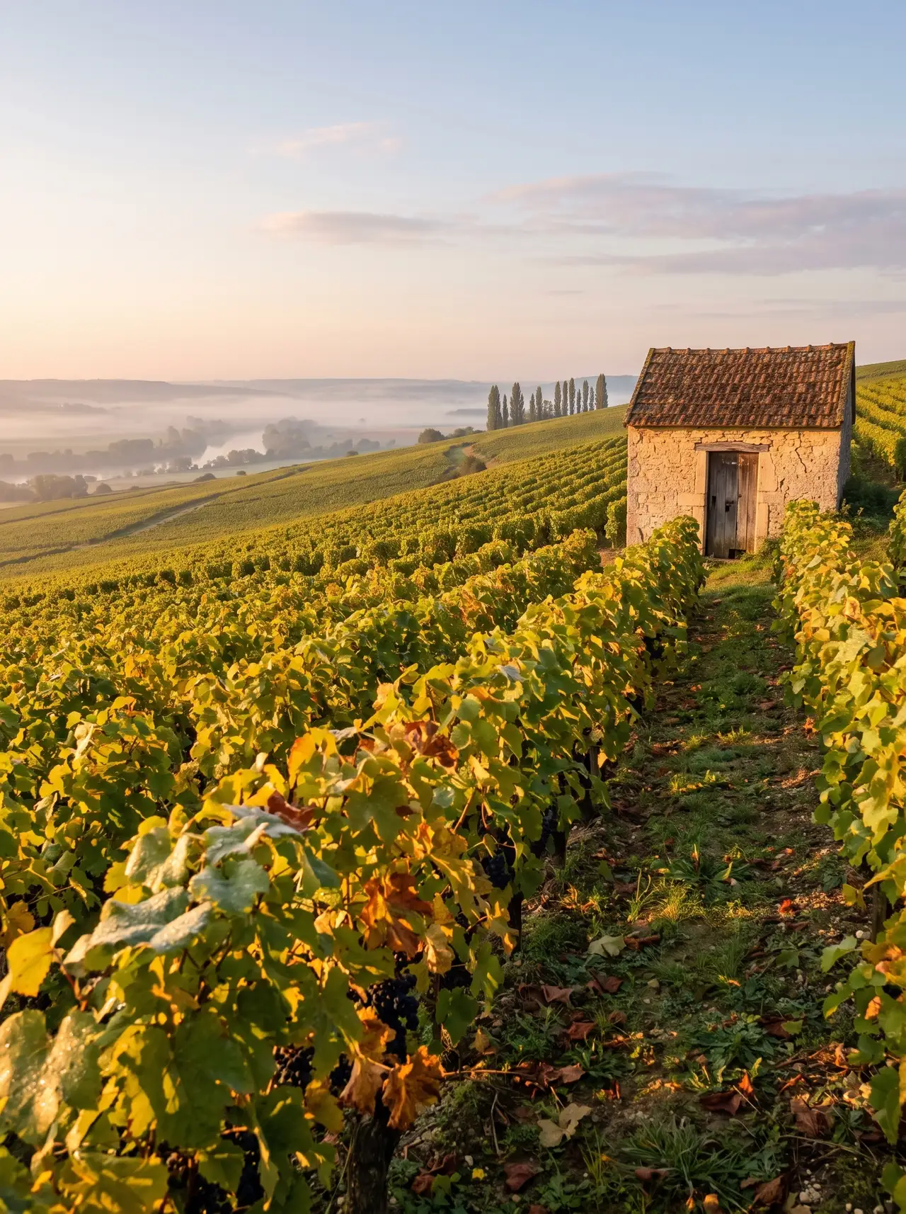A stone vineyard hut at the end of a row, the slopes and the valley in the dawn mist