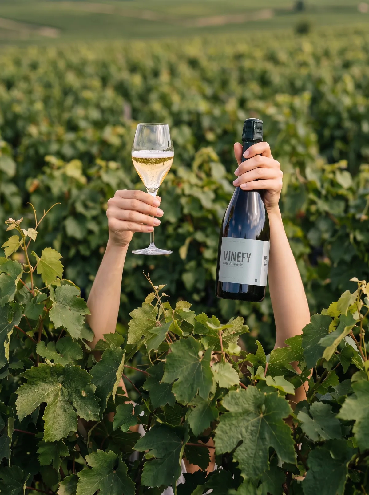 Two arms rise from the vines, one holding a Champagne flute, the other a Vinefy bottle