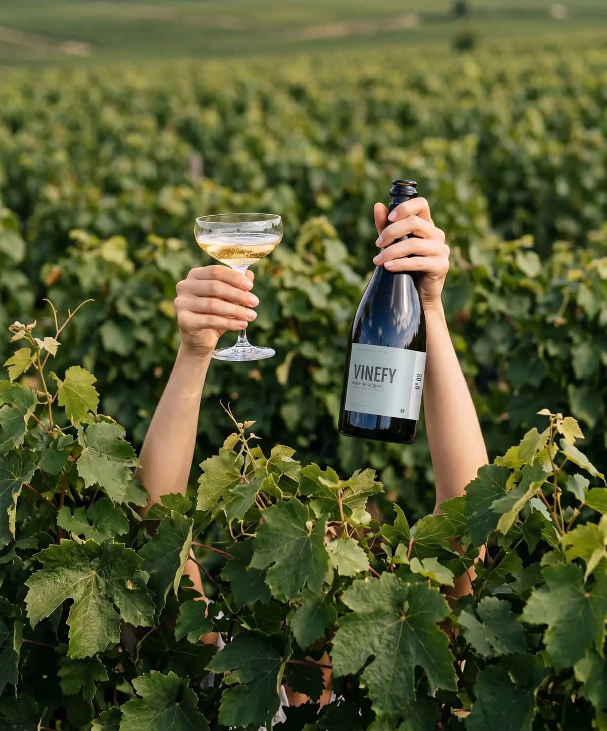 Deux bras sortent des vignes, l'un lève une coupe de champagne, l'autre une bouteille Vinefy