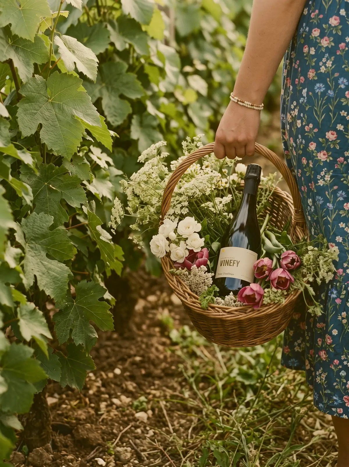 Dans les vignes, un panier de fleurs des champs et une bouteille de Champagne Vinefy porté à la main