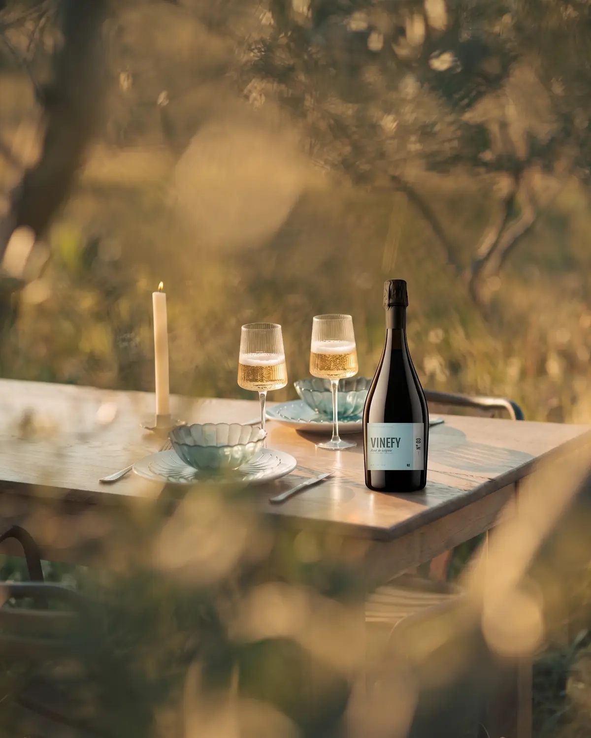 A table laid under the trees, with two coupes and a bottle of Champagne Vinefy