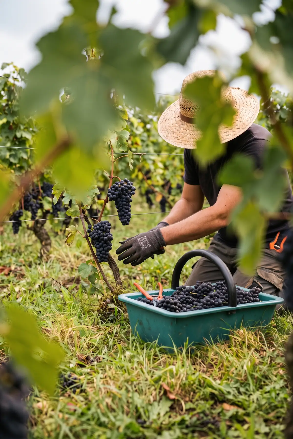 Un vendangeur au chapeau de paille cueille des grappes de raisin noir et les dépose dans une cagette