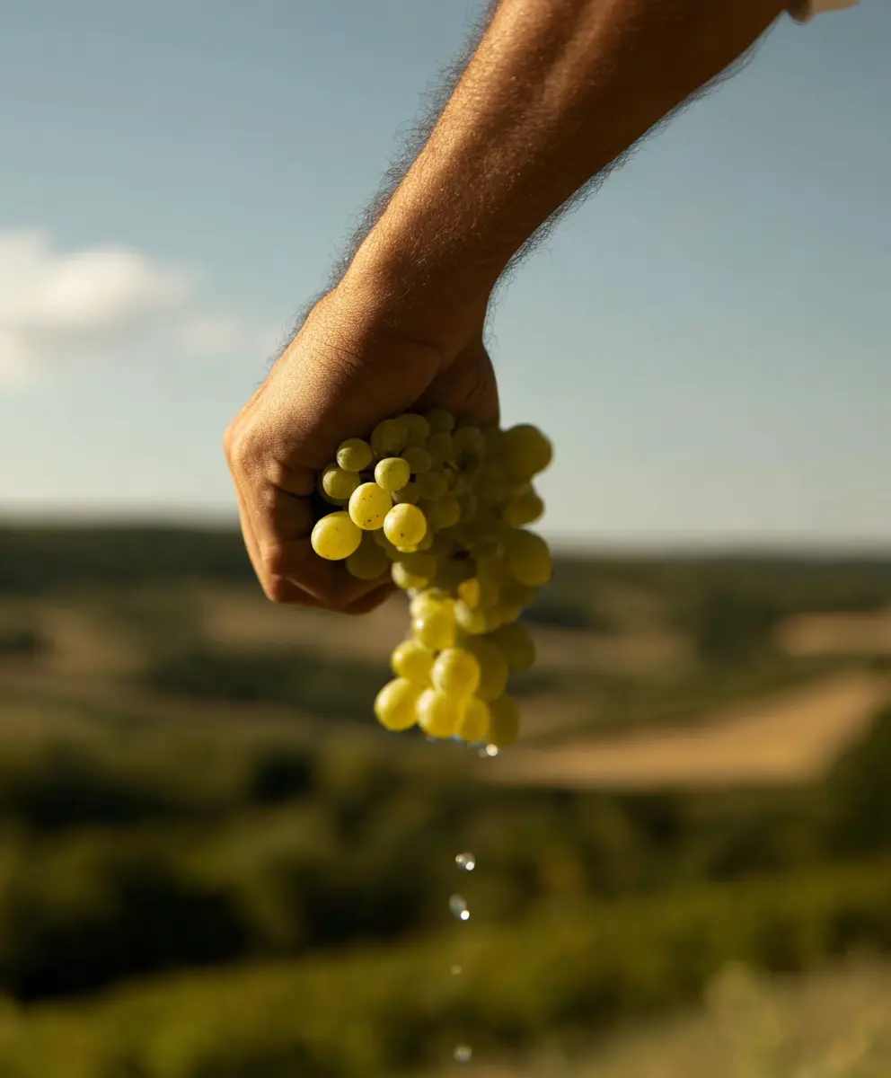 Une main tient une grappe de raisin blanc au-dessus des vignes